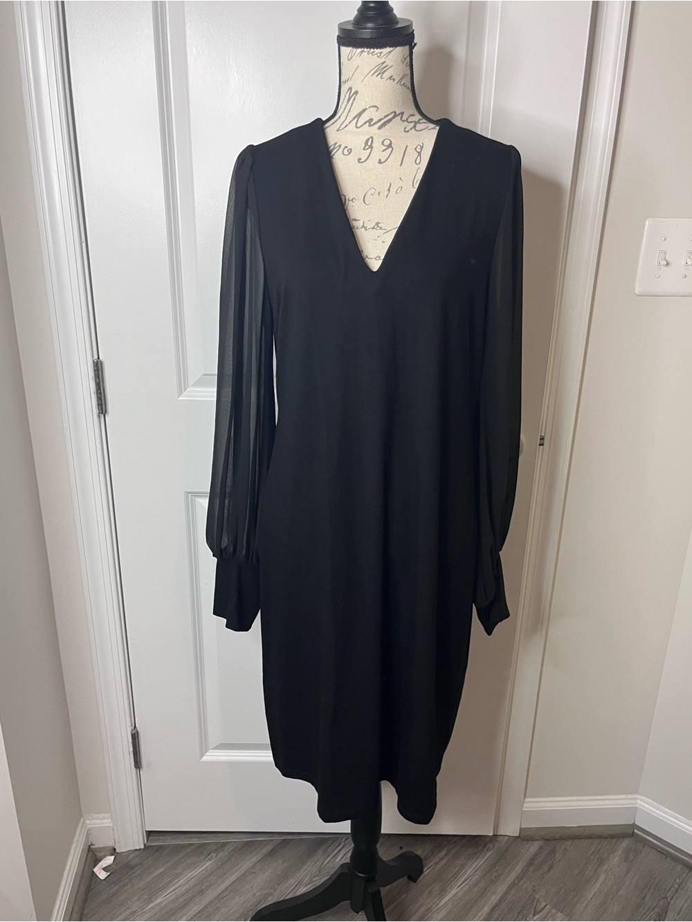 Karen Kane Black V-Neck Long knit Dress with Sheer Sleeves NWOT tags
